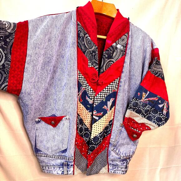 Upcycled Patchwork Denim Jacket Women L Quilted Retro Cotton Ecclectic Boho OOAK - Picture 2 of 16